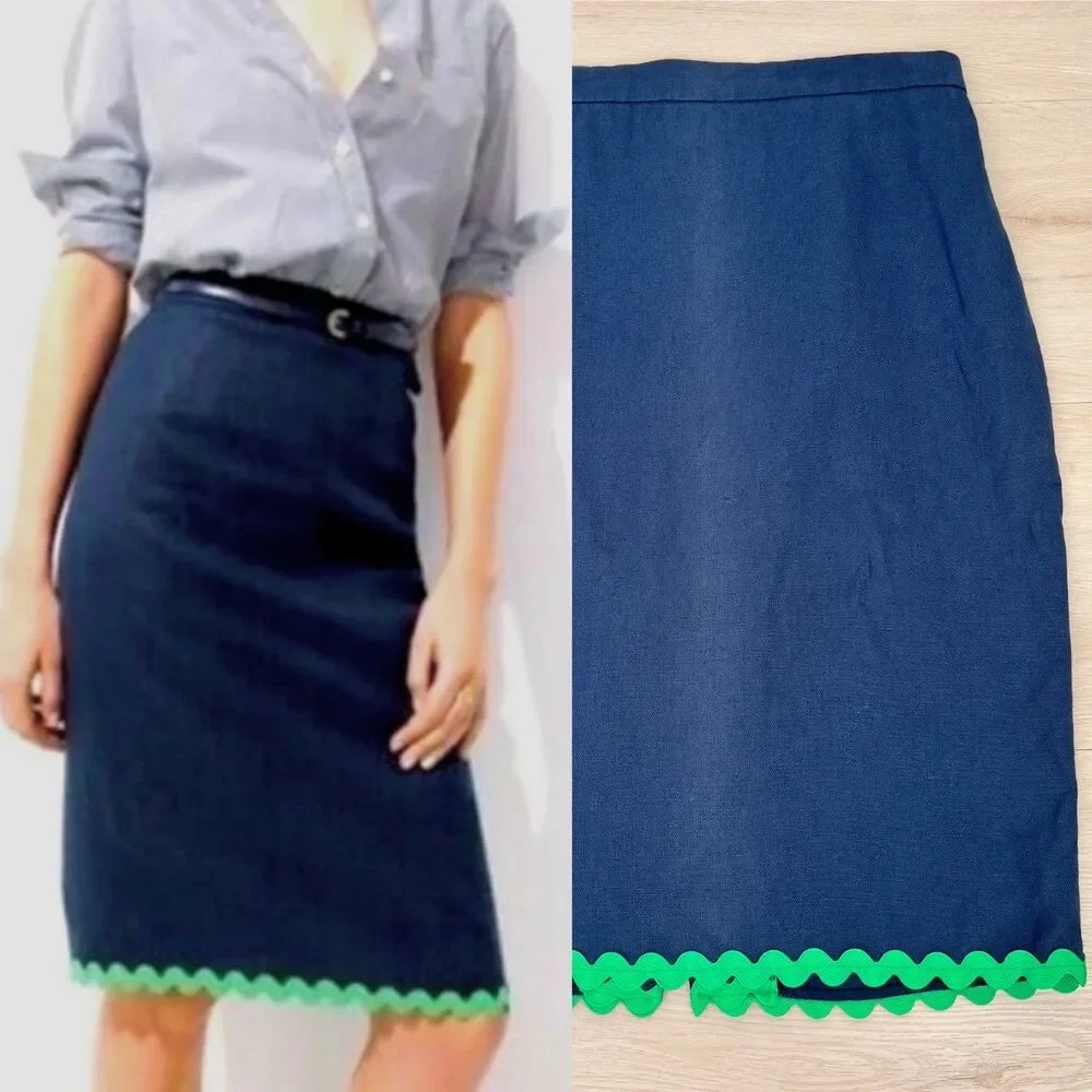 J.Crew Navy Blue Green Ric Rac Linen Retro Preppy Twee Revival Pencil Skirt Sz 6